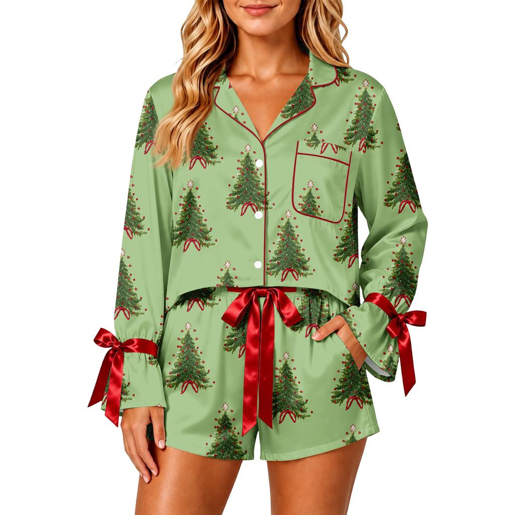 Women's Christmas Two Piece Pajama Set with Button Down Shirt and Shorts Sleepwear