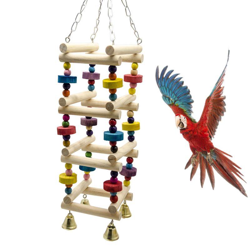 Colorful Wooden Bird Parrot Swing Ladder Toy with Bell Hanging Chewing Climbing Stand Perch Bite Block - Pet Playground