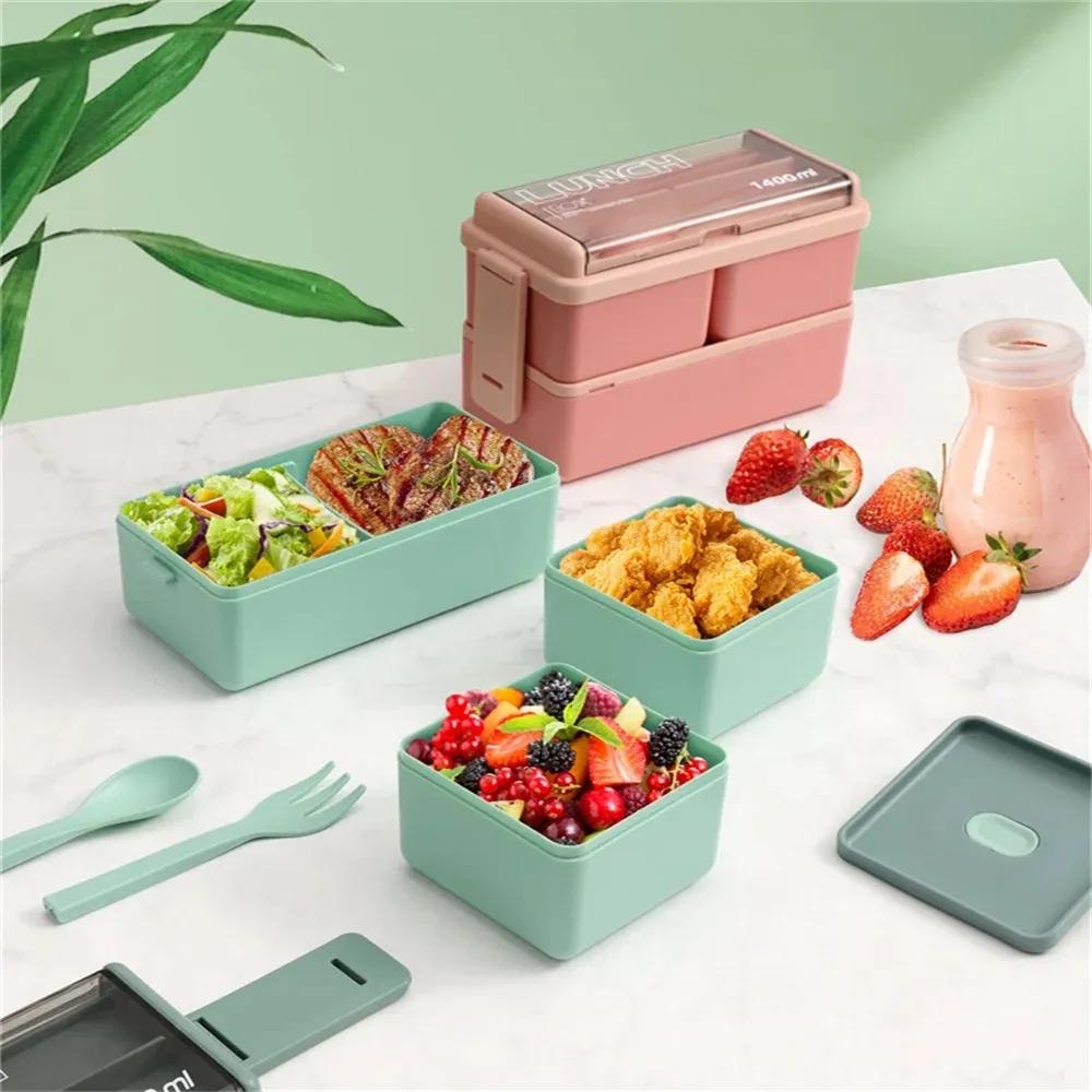 Double Layer Portable Lunch Box For Kids With Fork and Spoon Microwave Bento Boxes Dinnerware Set Food Storage Container YFA2052