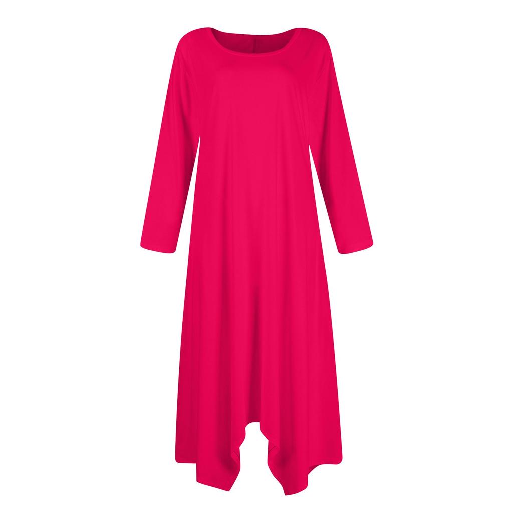 Women's Casual Fashion Round Neck Long Sleeve Color Irregular Hem Midi Dress