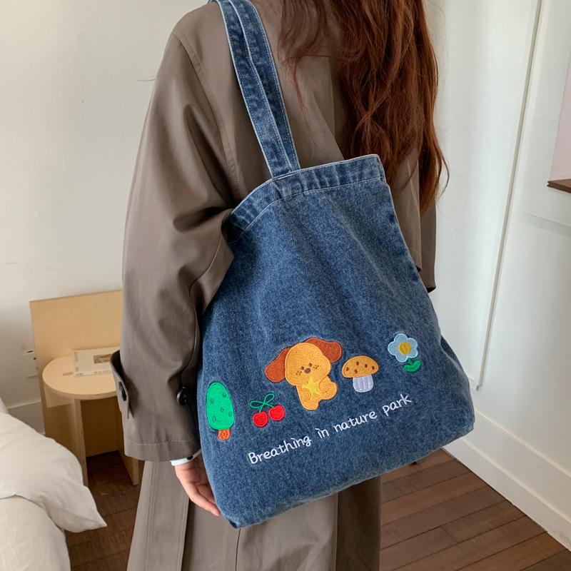Retro Washed Denim Women's Shoulder Bags Cute Animal Embroidery College Girls Canvas Book Tote Bag Travel Shopping Handbags