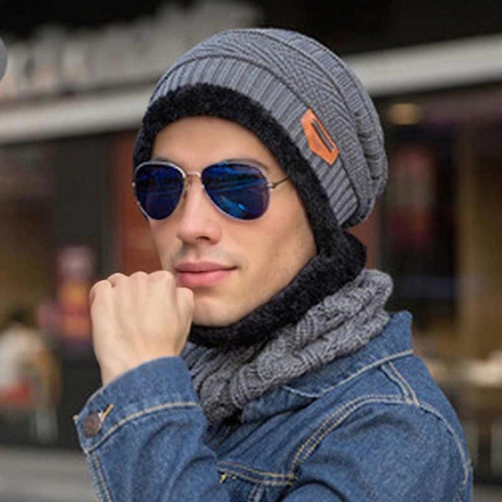 

Unisex Classic Thicken Warm Knitted Suit Set Lined Winter Hat Soft Stretch Winter Hats For Men&Women Leisure Beanie Cap 56cm-60cm сірий