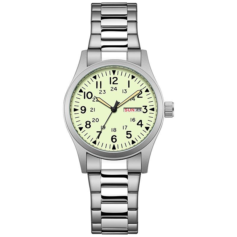 Heren 38mm Lichtgevende Wijzerplaat Dag Datum Horloge Licht op in het Donker Groen 30M Waterdicht Veldhorloge met Roestvrijstalen Band Beste Cadeaus Klok