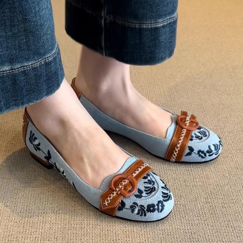 Mary Jane Shoes with Buckle Embroidered Slip-On Low Cut Ballet Flats Casual Women's Footwear Rubber Comfortable Summer