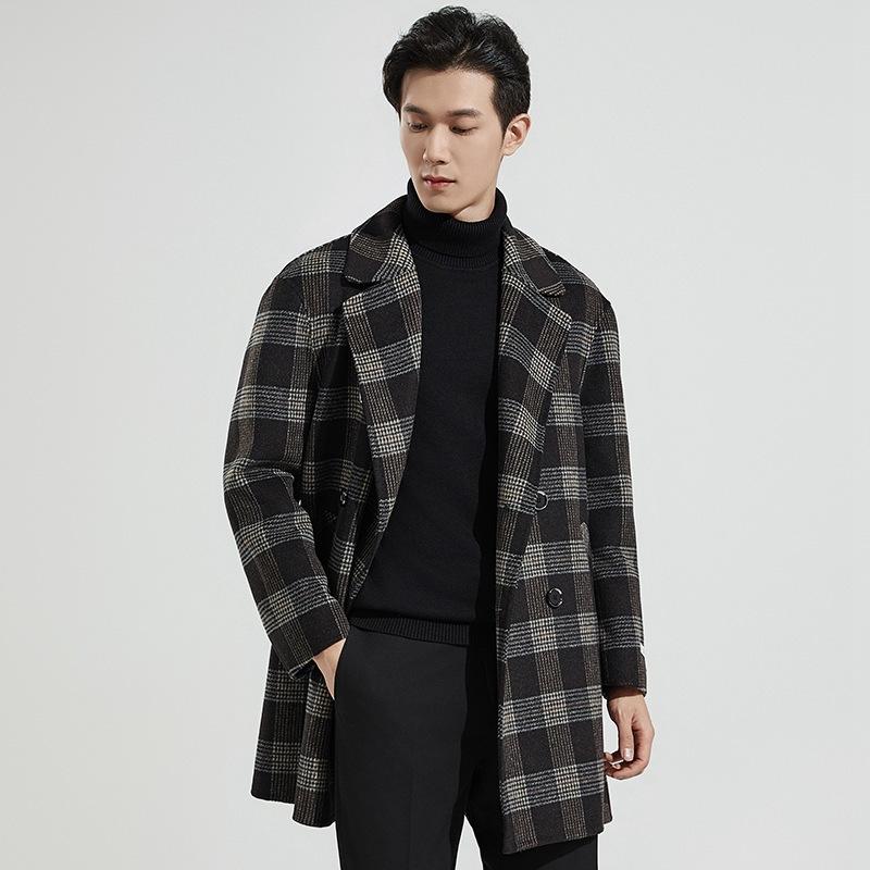 Autumn and Winter Men's Woolen Coat Korean Style Black and Gray Plaid Thickened Mid-length Wool Double-sided Woolen Coat