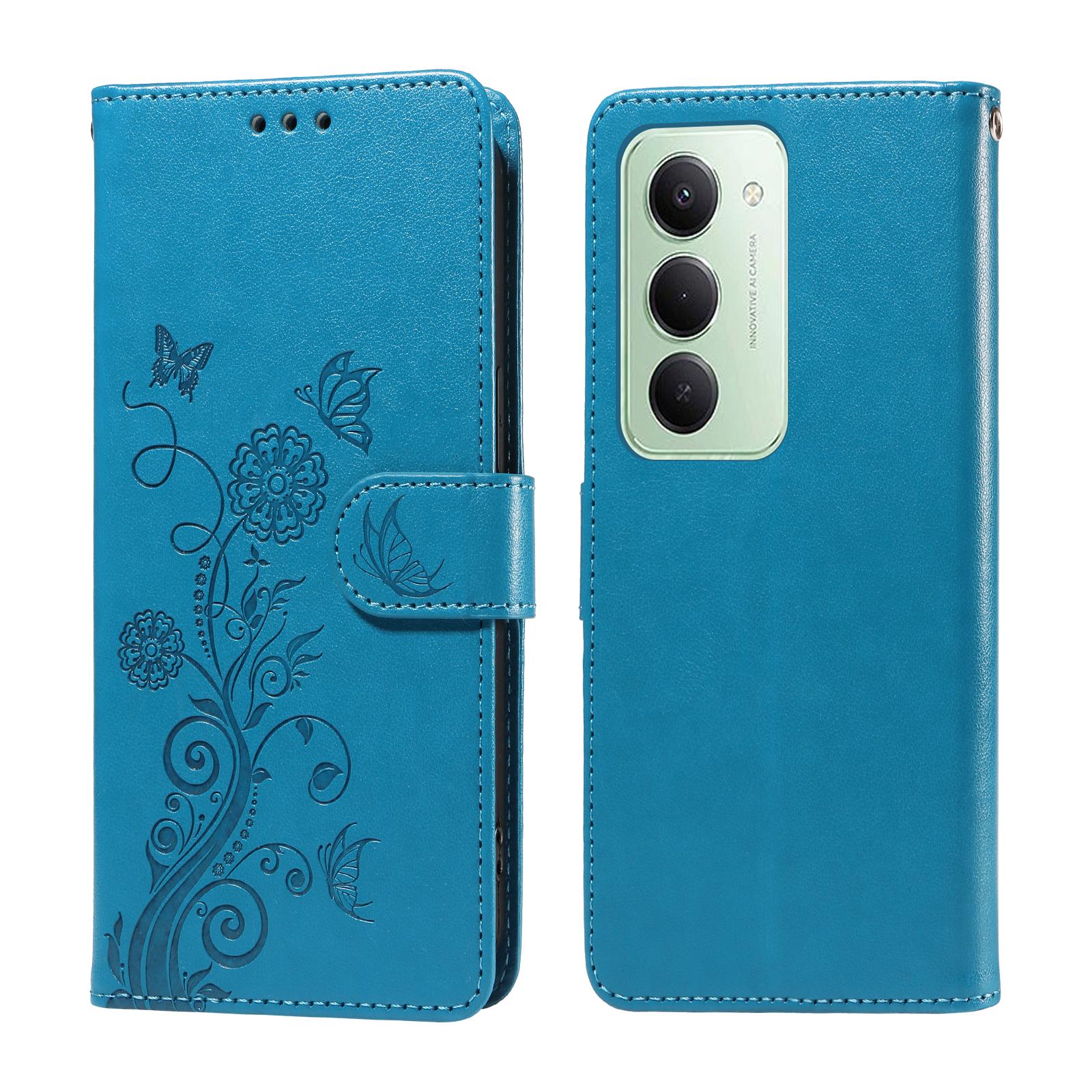 

Для Xiaomi Redmi 15 5G Кожаный чехол Бабочка Цветочный принт Кошелек Подставка Обложка Blue