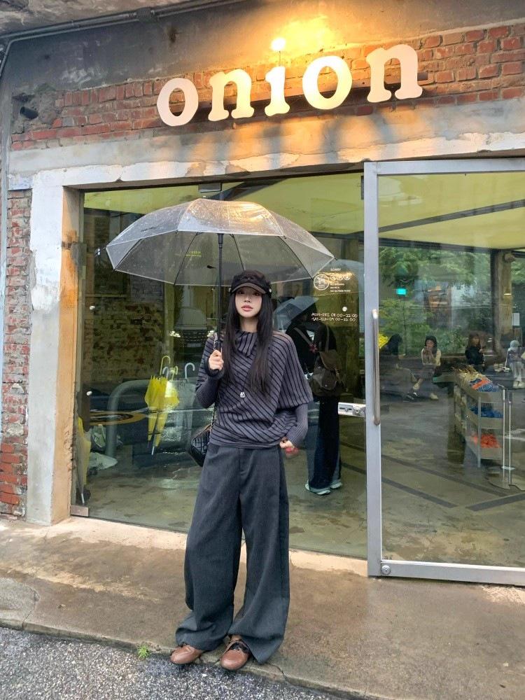 Women's Korean Style Black and Gray Knit Batwing Sleeve Sweater - Elegant Autumn Outfit