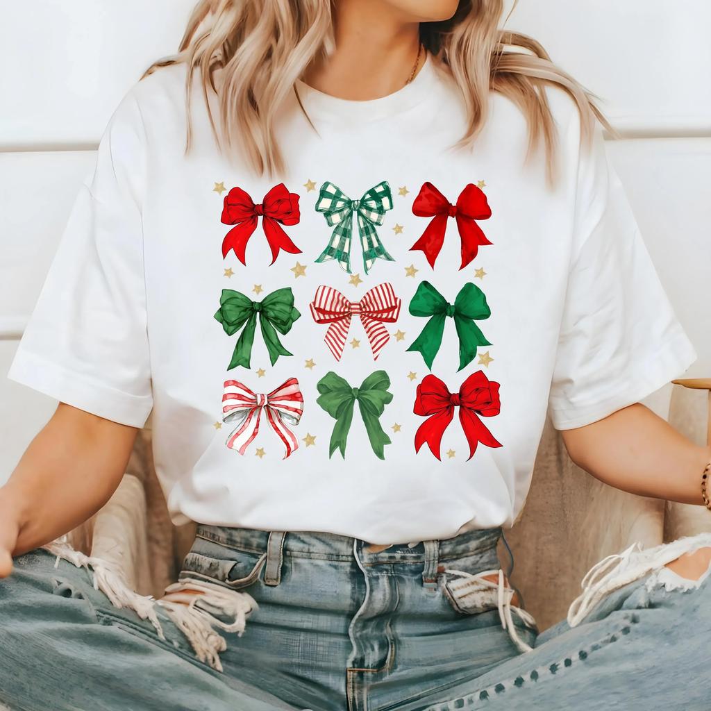 Cute Christmas Bow T Shirt Vintage Tree Retro Holiday 2024