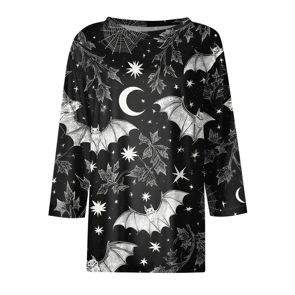 Women's Loose Fit Casual Halloween Print T-Shirt 3/4 Sleeve Round Neck Relaxed Fit Top for Everyday Wear