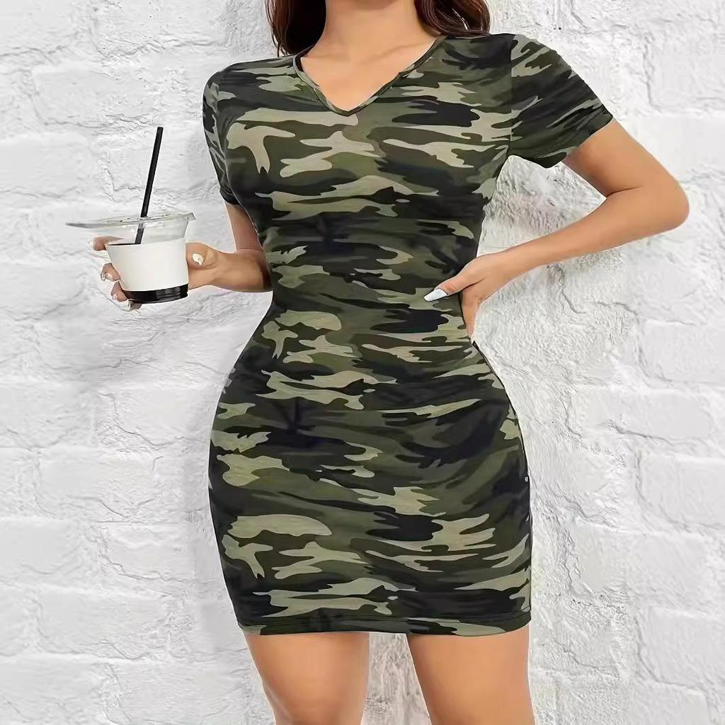 Women's Short Sleeve V-neck Camouflage Print Casual Slim Short Dress