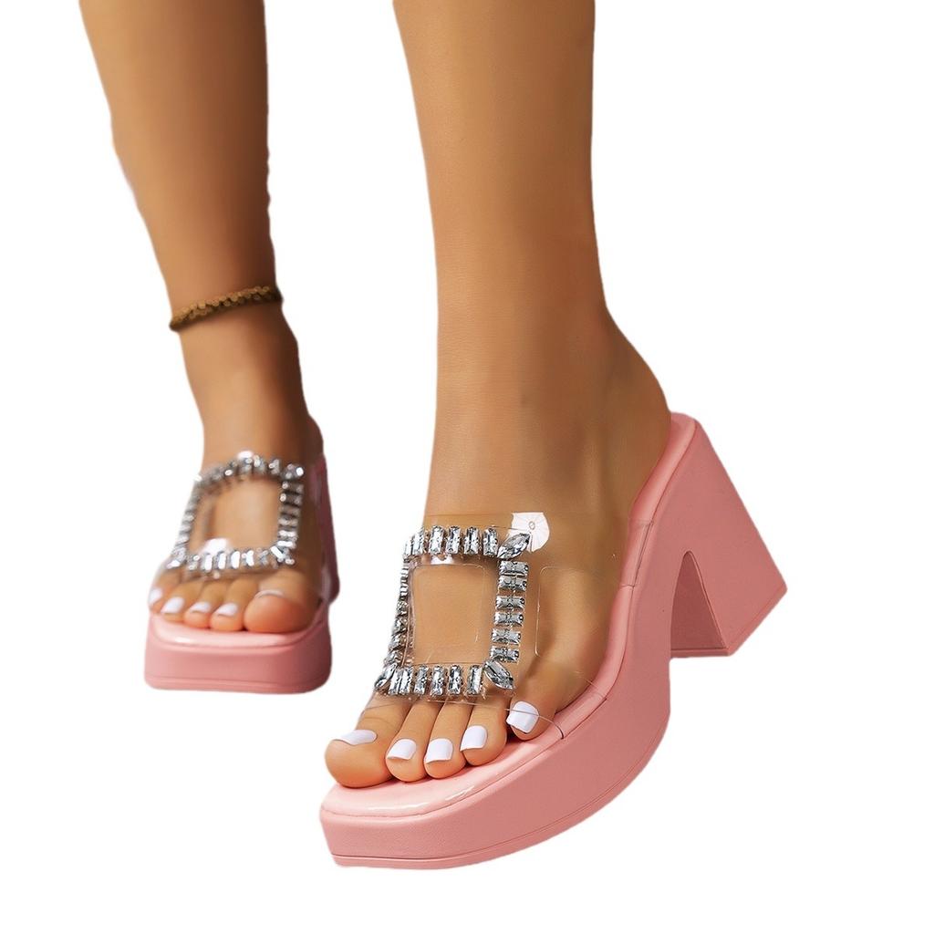 Hausschuhe coole Hausschuhe Damen Sommer neue Mode Pailletten Ein-Wort Strass Halbschuhe Plateau hohe Absätze