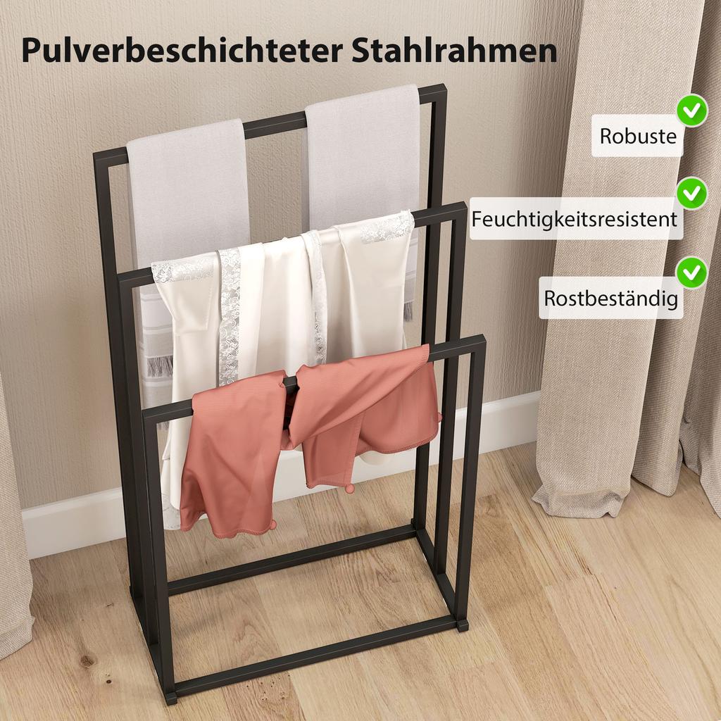 Freistehender Handtuchständer, Stahl-Handtuchhalter mit 3 Stangen, Schwarz