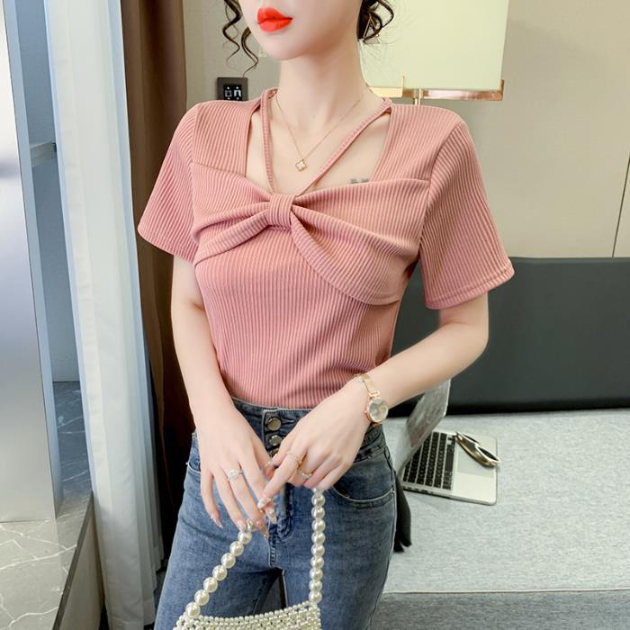 

Футболка с короткими рукавами для женщин. Новый универсальный облегающий топ с бантом для женщин. XL розовый