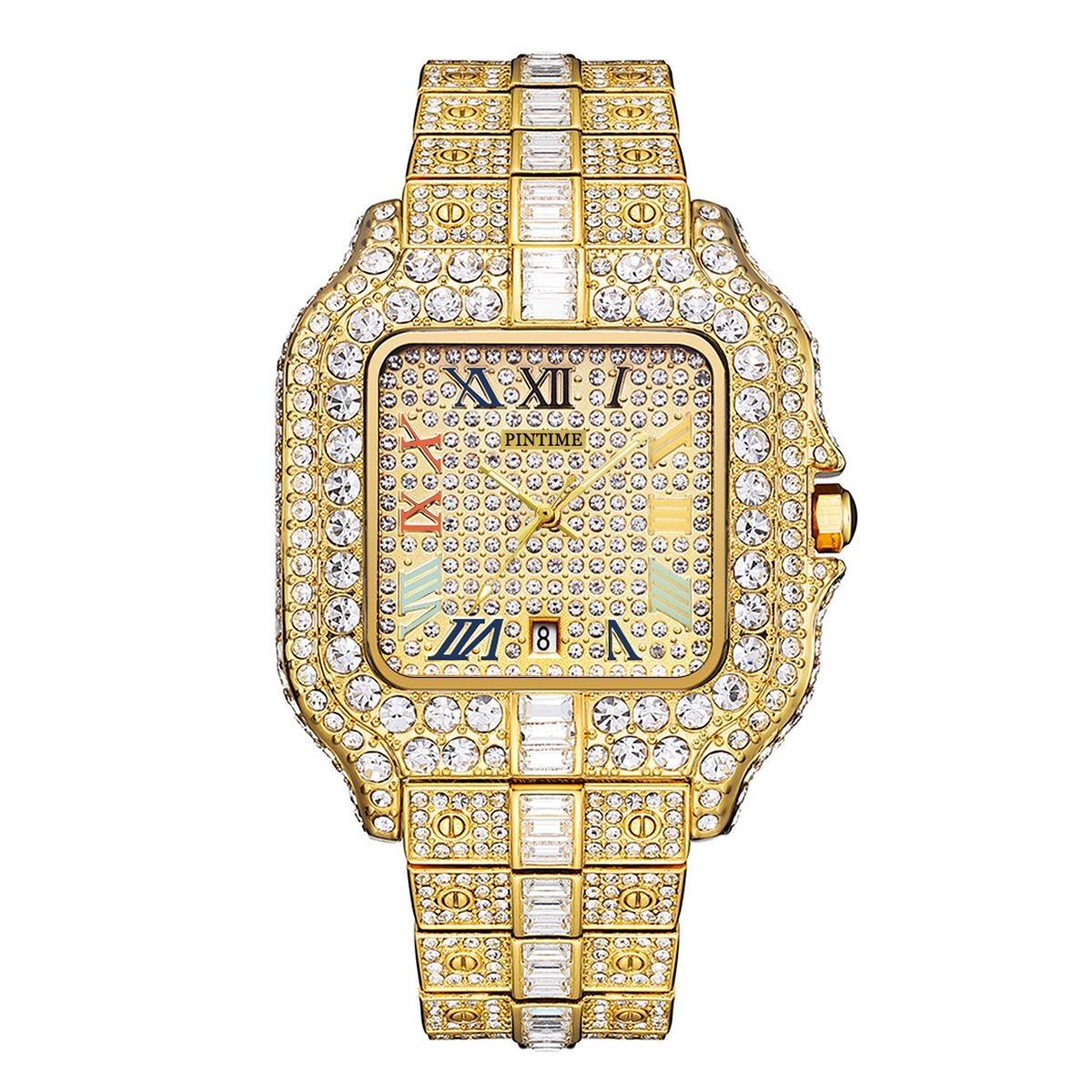 

PINTIME Luxury Ice Out Watch For Man Fashion Roman Literal Watch Hip Hop Diamond Square Wrist Watch Men Gift C золотий