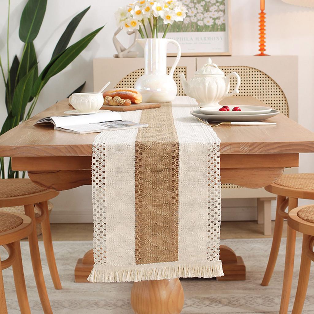 Rustic Table Runner Macrame Table Runner Cotton Desk Decoration for Holiday Party Farmhouse Wedding 180x30cm Coffee