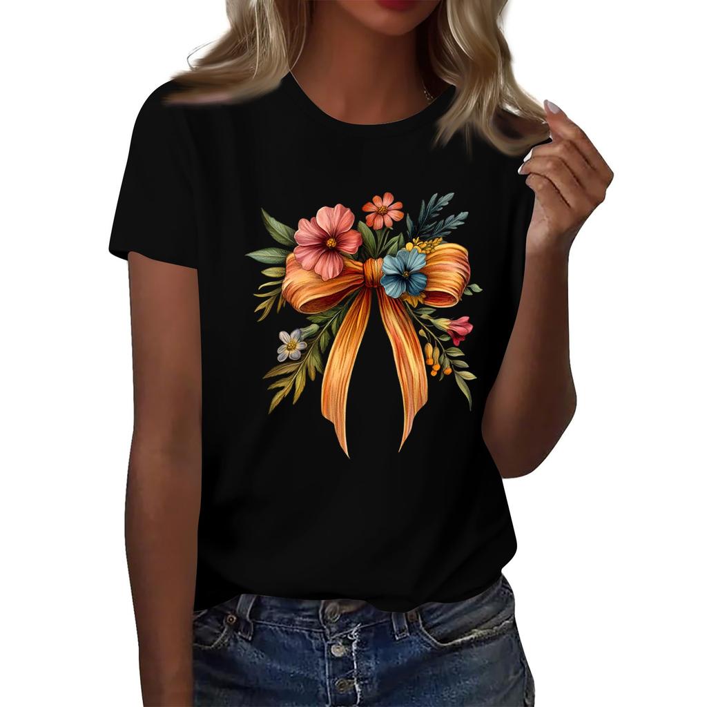 Dámská módní ležérní tištěná tričková halenka s kulatým výstřihem a krátkým rukávem Tričková halenka Halenka