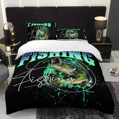 3pcs Cool Fishing Bedding Duvet Cover Set Bass Fish Bedding Quilt Set Fishing Themed Bed Quilt Set Sporty Bedroom Decor Bed