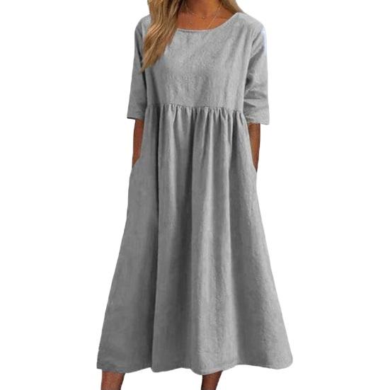 Lässiges kurzärmliges Baumwollkleid für den Sommer mit Taschen, lockere Passform, Rundhalsausschnitt, einfarbig, plissiertes Damen-Mittelkleid für das Büro, den Alltag und die Party