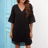Women's  Small Fresh Casual Solid Color Loose Straight Trumpet Short-sleeved Jacquard-chiffon Stitching V-neck Dress