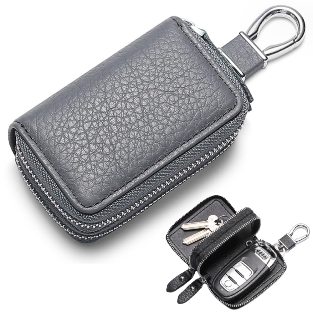 

Mellbo Smart Key Case, Holds 2 Keys, Genuine Leather, Popular Car Key Case for Men, Double Zipper (Gray)