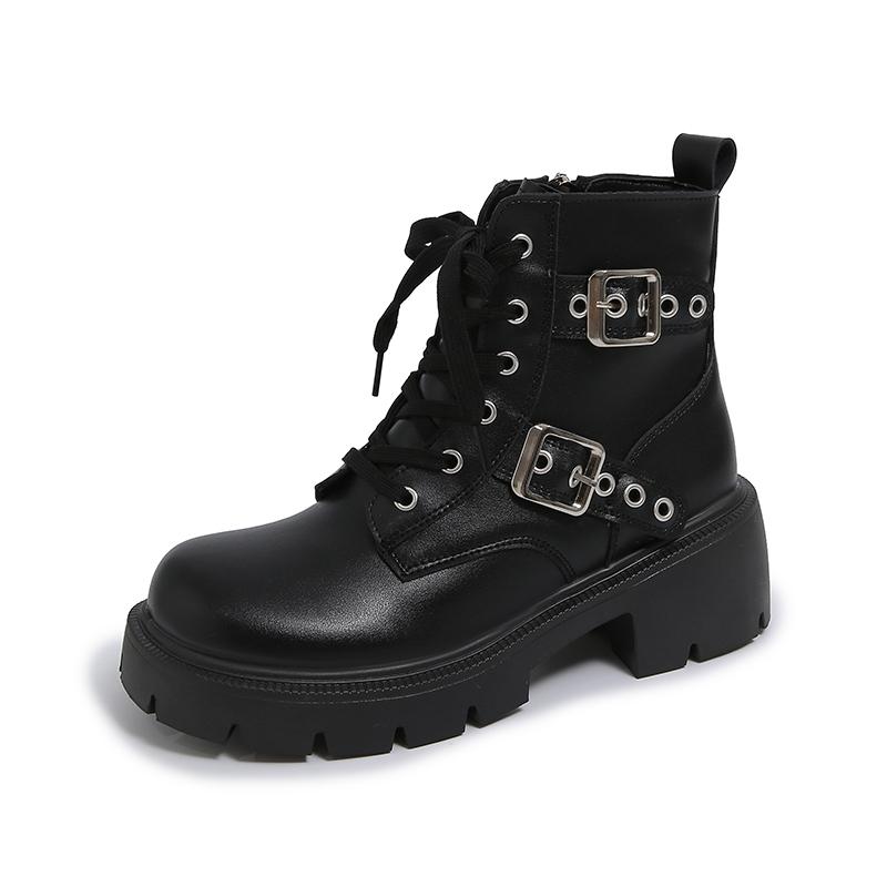 Fashion Fashion Metal Buckle Platform Non-slip Wear-resistant Mid-leg Boots Autumn New Round Toe Zip Block Heel Shoes
