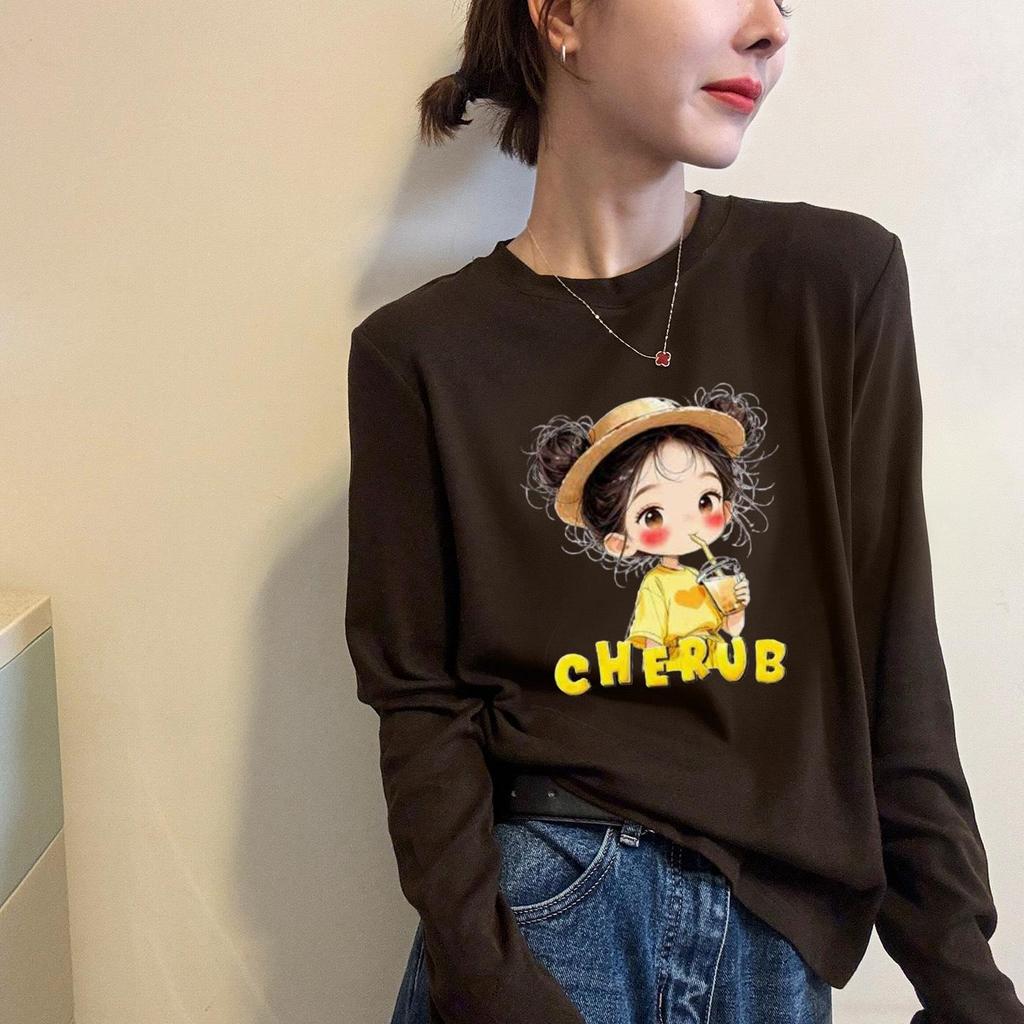 European Style Cartoon Girl Print Long Sleeve Women's T-Shirt - Autumn/Winter Base Layer Trendy Top