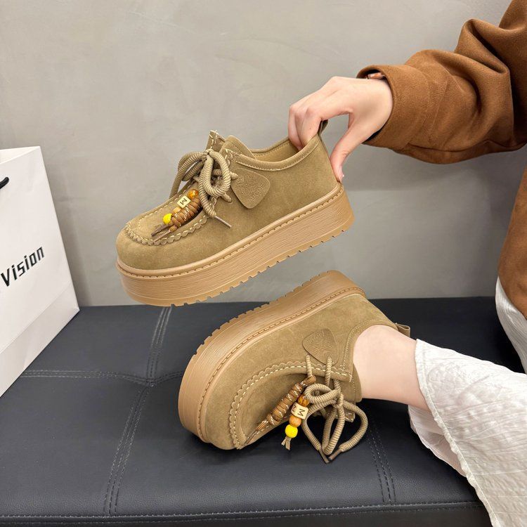 

Loafers American retro cowhide platform shoes round head fringed lace-up neutral handmade Oxford shoes casual shoes 35