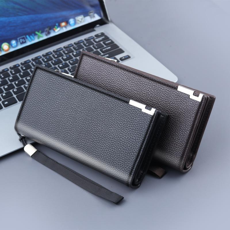 Men Long Clutch PU Material Zipper Wallet Hasp Cell Phone Bag Card Holder Coin Pocket Large Capacity Multifunctional Handbag Business Purse