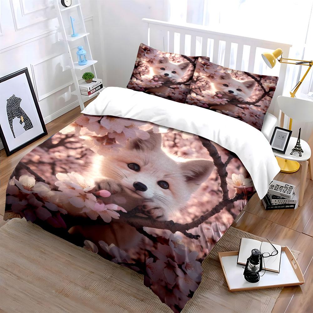 "Floral Fox Three-Piece Decor Set" Bedding Set with 1 Duvet Cover 2 Pillowcases Single Double King Queen, Gift