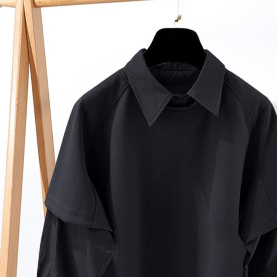 Men Shirt Lapel Long Sleeve Solid Color Splicing Fake Two-Piece Design Pullover Tops Loose Fit Casual Shirt Work Wear