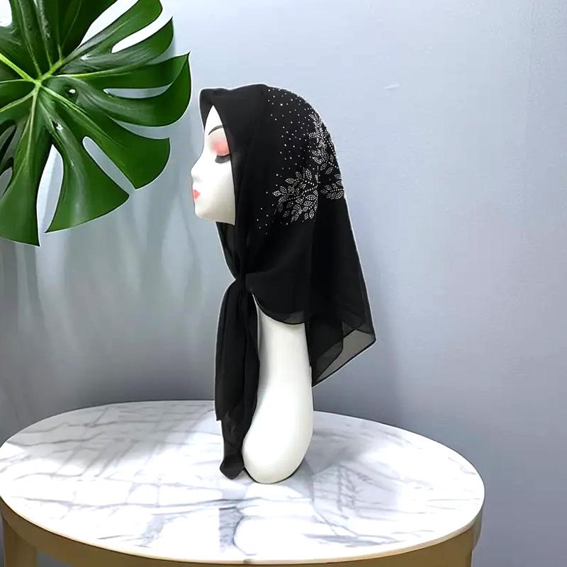 

1шт стильный квадратный шарф с искусственным бриллиантом декор черный шифоновый платок тонкий дышащий шикарный