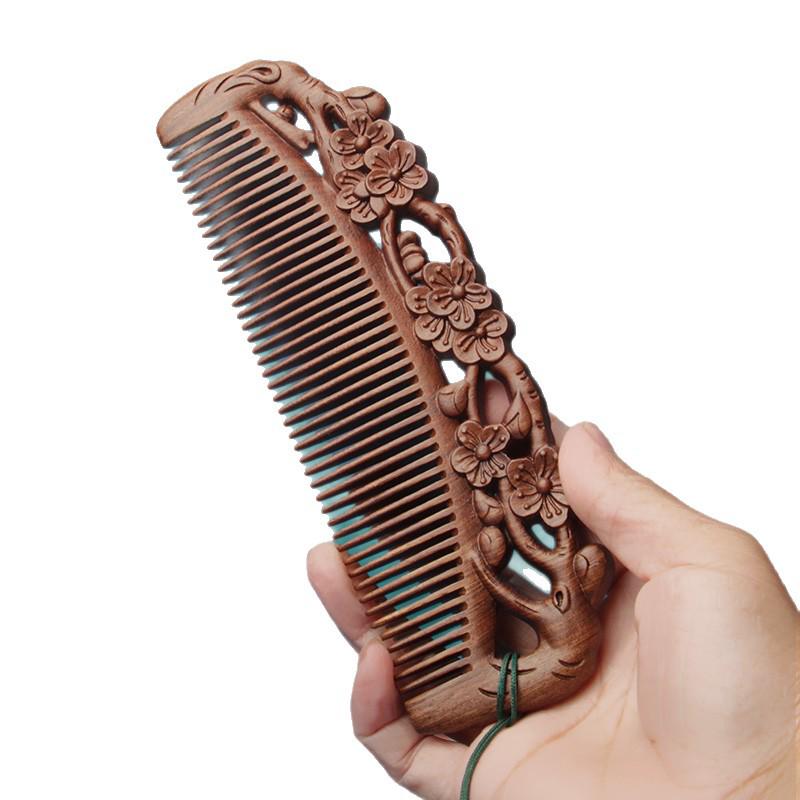 Engraved Green Sandalwood Comb - Black Gold Carved Design, Gift Box Included