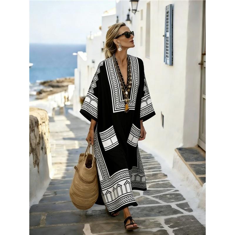 European, American Y Bohemian fashion women's clothing casual vacation D printed beach Kaftan cardigan long dress