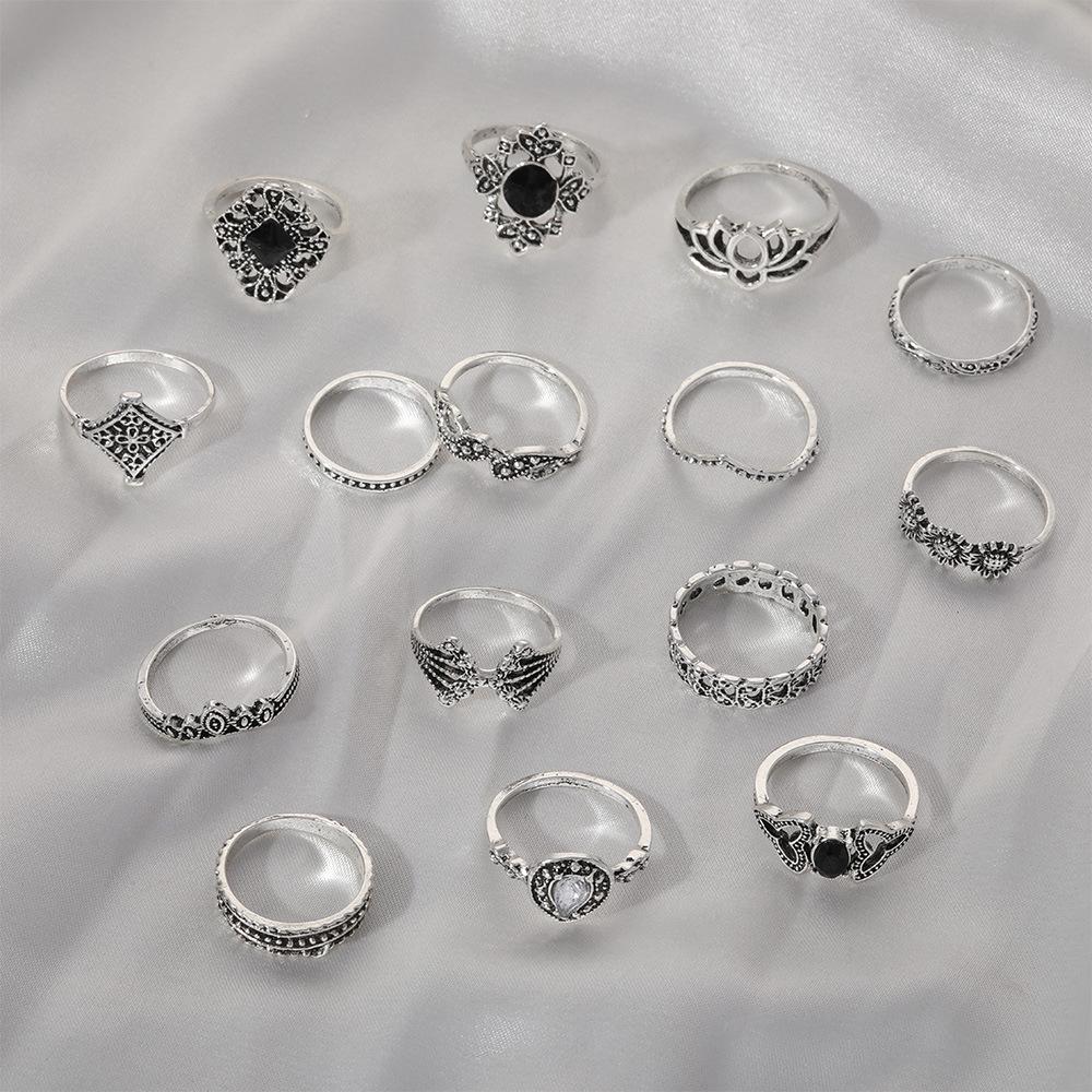 Bohemian Retro Antique Silver Lotus Ring Set for Women - 15 Pieces