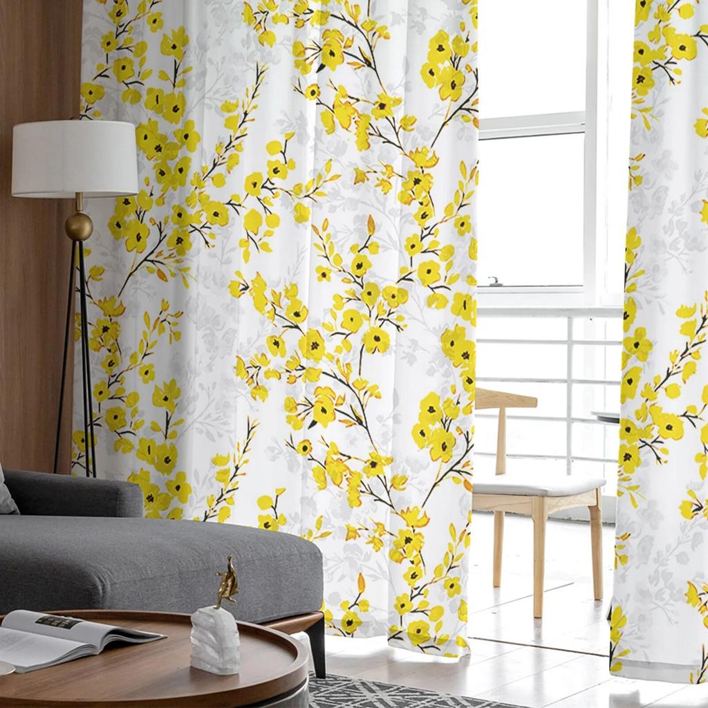 Yellow Flower Watercolor Leaves Sheer Curtains For Living Room Bedroom Tulle Curtain For Kitchen Voile Curtain Blind Panels