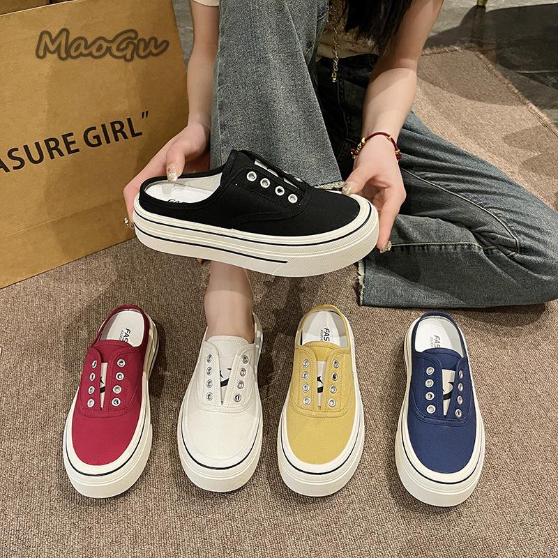 Fashion Slip on Comfortable Canvas Casual Shoes Women's Mules Thick Bottom Versatile Adults Footwear Spring Autumn Lady Slippers Fashion