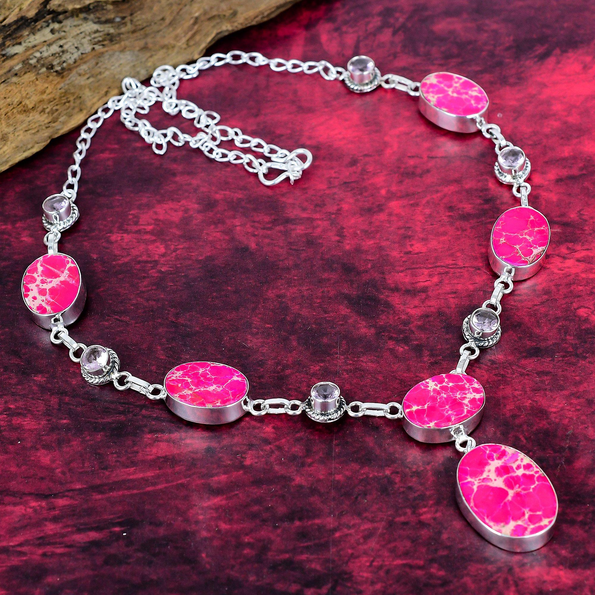 

Pink Sea Sediment & Kunzite 925 Solid Sterling Silver Necklace with Adjustable Chain, Handmade Gemstone Jewelry Necklace For Memorial Day розовый