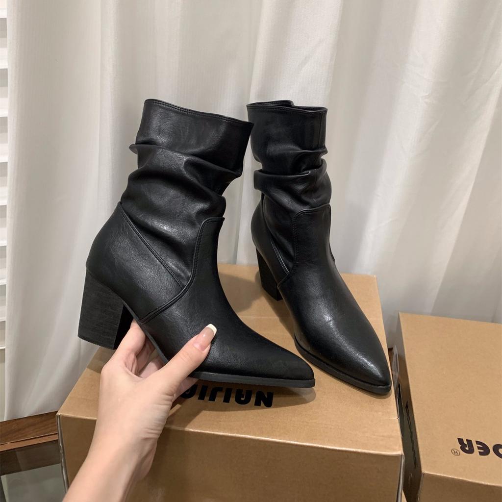 Brown Maillard Pointed High Heel Short Boots Women's Shoes 2025 Skinny Pile Boots Spring and Autumn Single Boots Coarse Heel Martin Boots