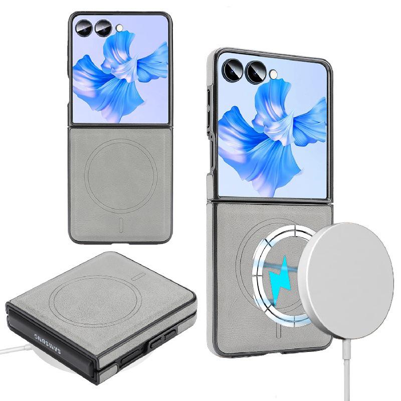 Samsung Z Flip7 Wireless Charging Phone Case with Magnetic Tri-fold Card Holder, Leather Sticker, Velvet Inner, 6-Level Protection.