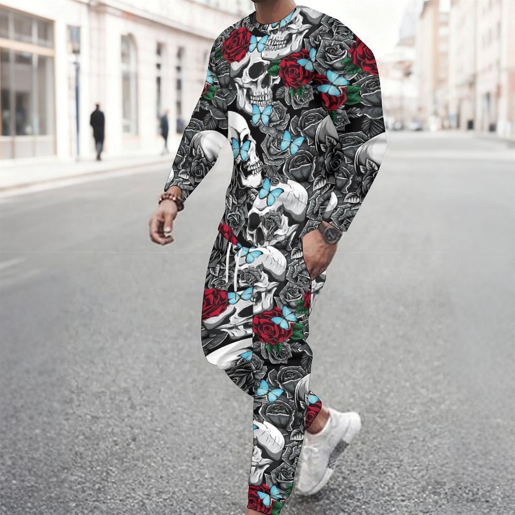 Men Vintage Green Background Skull Blue Butterfly Leaf Print Long Sleeve Sweatshirt Jogger Pants Two Piece Suit