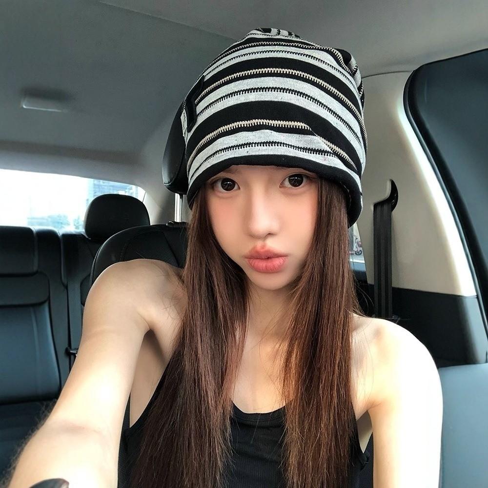 Korean Baggy Strip Hat Spring Autumn Beanie Hats Fashion Y2k Striped Cap  Women