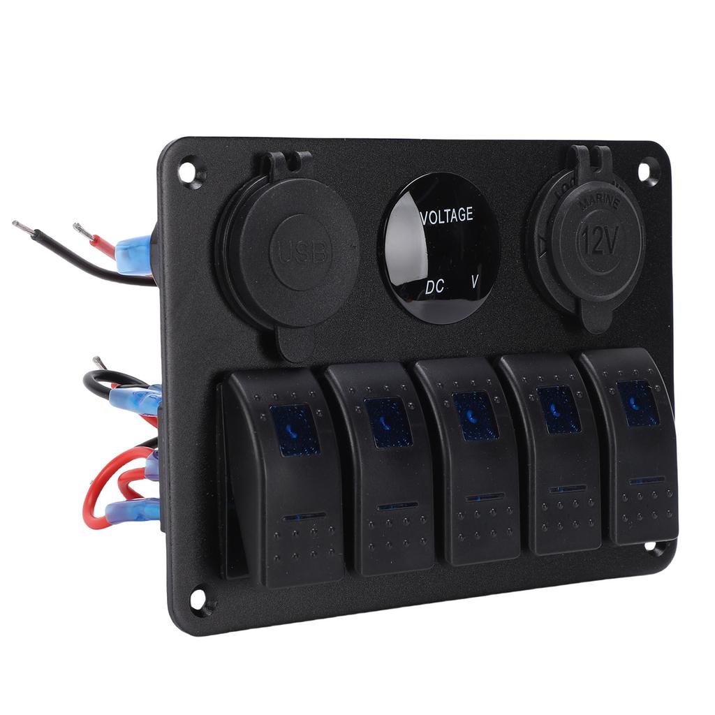 5 Gang Rocker Switch Aluminum Panel with Blue Backlight Dual USB Ports Volt Meter Waterproofing On Off Toggle Switch
