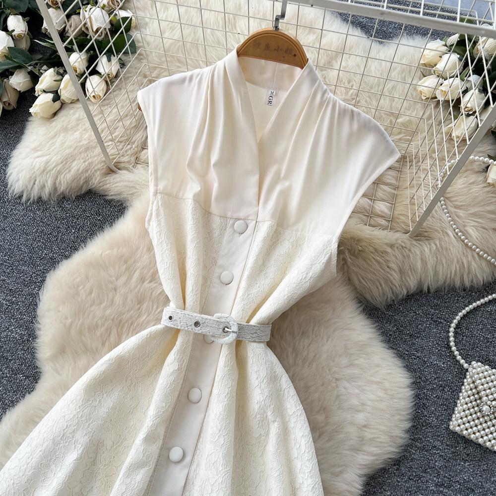 French elegant style sleeveless single-breasted dress women's summer new waist and thin long dress commuter temperament