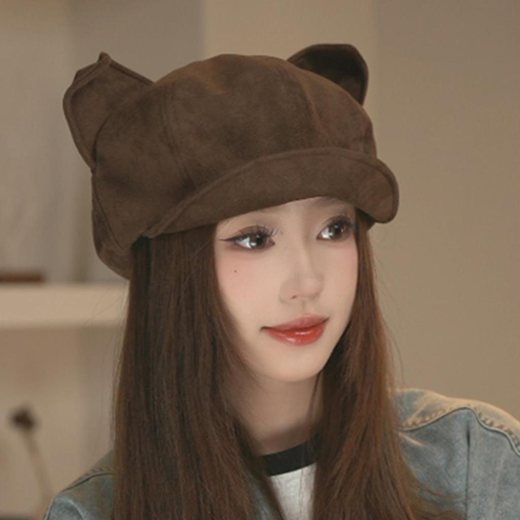Autumn/Winter Japanese Cute Bear Ears Suede Octagonal Painter Hat - Women's Simple, Versatile & Face-Flattering Design