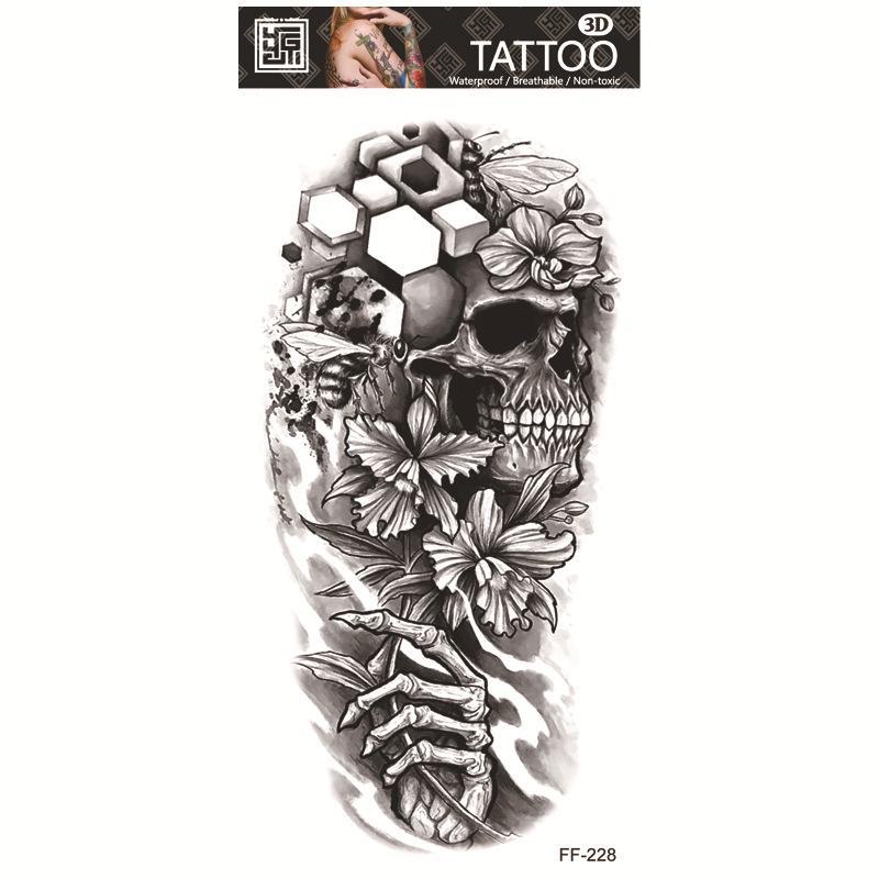 Vodotěsné tetovací samolepky: Totem vlčí hlavy a design s arabským textem.