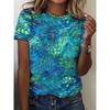 Blue Base Peacock 3D Printed Colorful Casual Daily Round Neck Short Sleeved T-shirt Spring/Summer Women's Wear