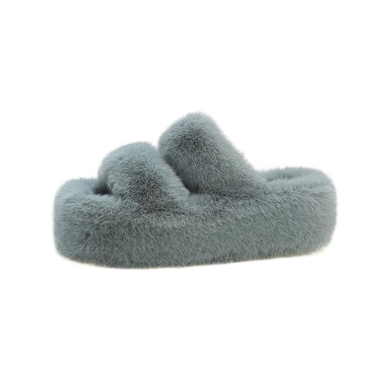 Thick bottom heightening fluffy slippers women's outer wear 2025 new autumn and winter fashion muffin plush one-word cotton mop