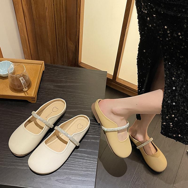 Baotou half slippers women's spring summer 2025 new Internet celebrity fashion rhinestone single shoes soft sole wear French sandals