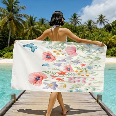 Watercolor Floral Butterfly Beach Towel Wildflower Botanical Print Quick Dry Sandproof Absorbent Towel for Beach Summer Vacation