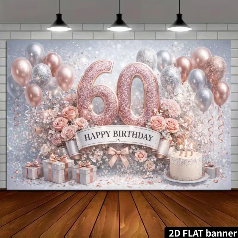 2D Rose Gold 60th Happy Birthday Backdrop for Milestone Party Background